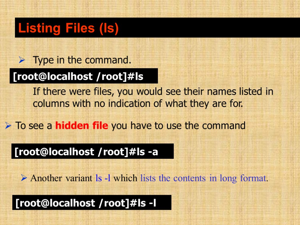 Listing Files (ls) Type in the command. If there were files, you would see